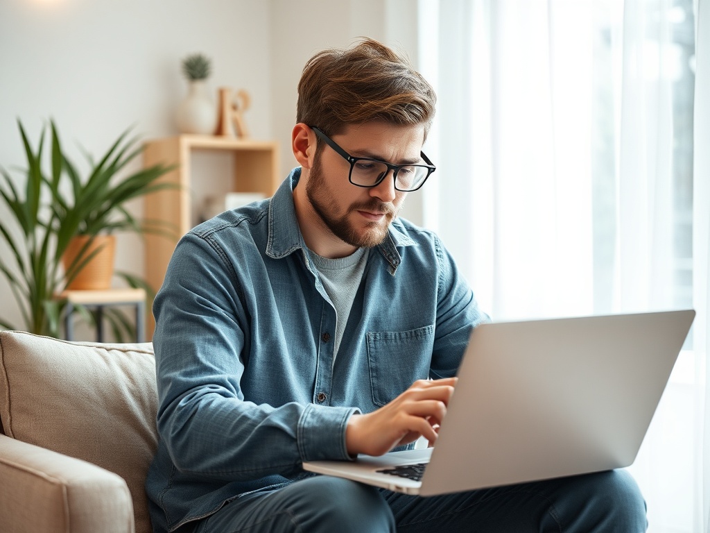 Молодой человек работает на ноутбуке, сидя на диване в светлом помещении с зелеными растениями.