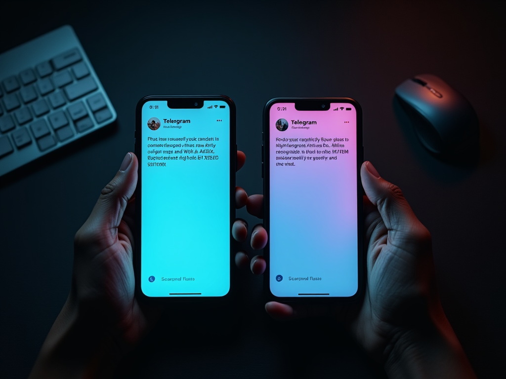 Две руки держат смартфоны с открытыми чатами в Telegram, на столе клавиатура и мышь.