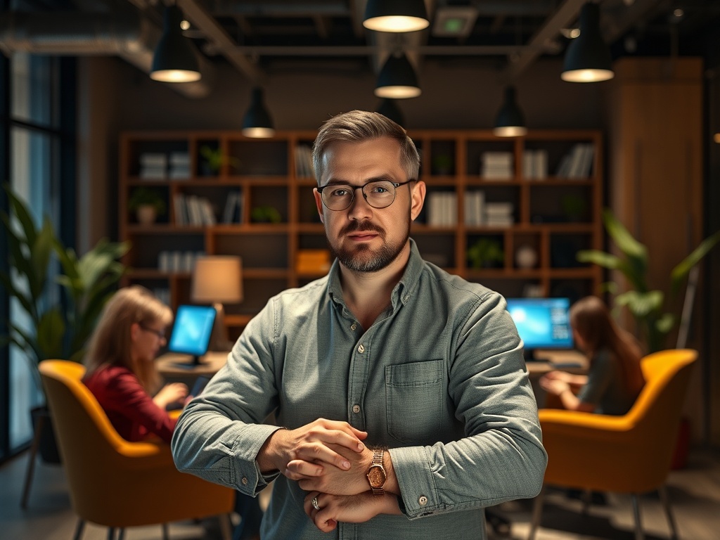 Мужчина в офисе с короткой стрижкой и очками стоит с перекрещенными руками, за ним работают коллеги.