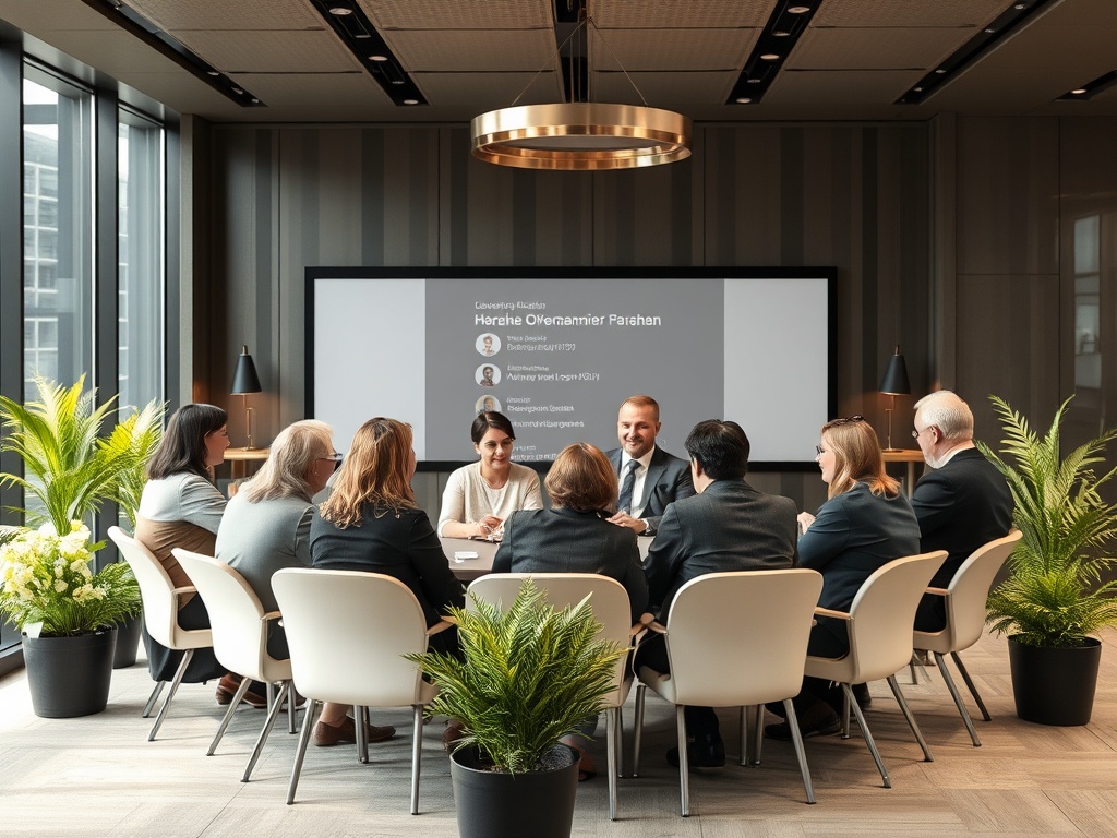 В открытом офисном пространстве группа людей обсуждает вопросы на заседании с презентацией на экране.