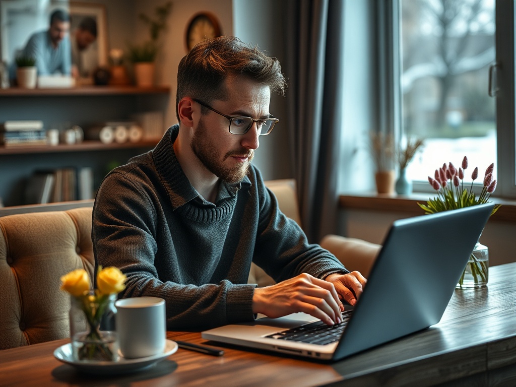 Молодой человек в свитере работает за ноутбуком на уютном столе с цветами и чашкой кофе.