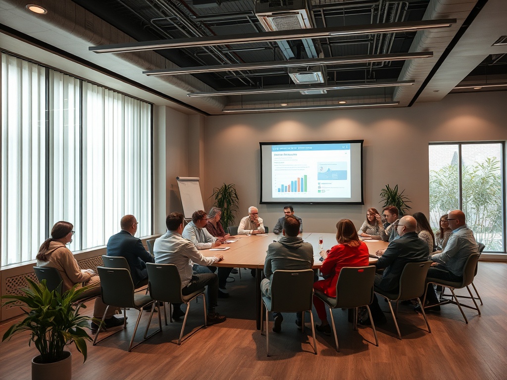 Группа людей обсуждает графики и данные во время собрания в современном офисе.