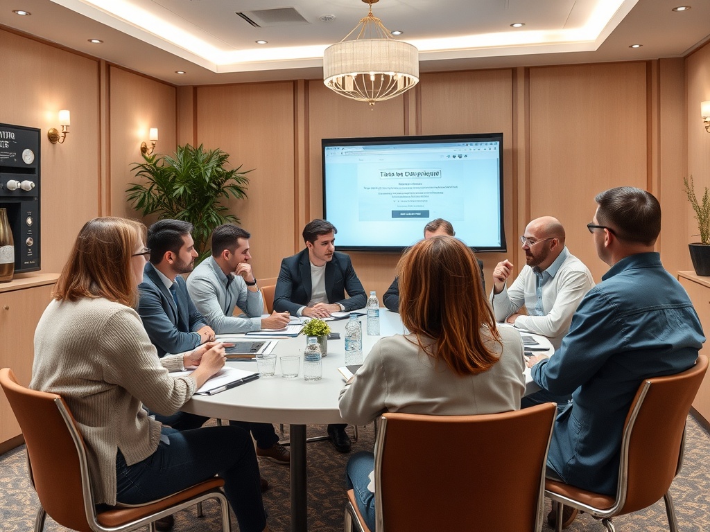 Группа людей на деловой встрече в офисе, обсуждающих проект за круглым столом. На экране — презентация.