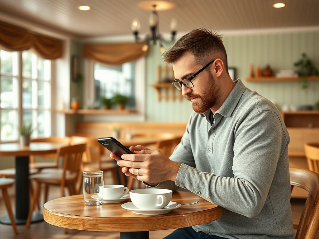 Молодой человек в сером свитере сидит в кафе, смотря в телефон и наслаждаясь чашкой кофе.